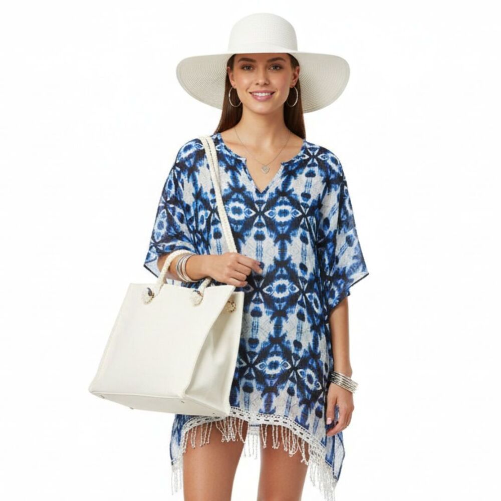 Kensie Blue & White Print Fringe Hem Swim Bathing Suit Cover Up S